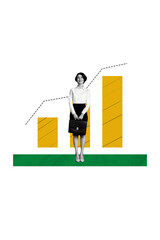 Vertical poster collage of successful professional worker lady stand hold briefcase charts growing...