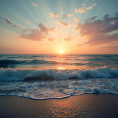 Fototapeta premium A wide view of the ocean with gentle waves at golden hour, sun setting on the horizon, warm colors in the sky