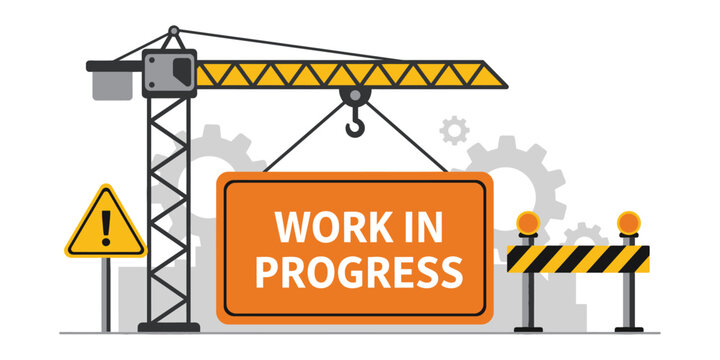 Flat vector construction crane with under construction sign and barricade, colorful design for website and banner