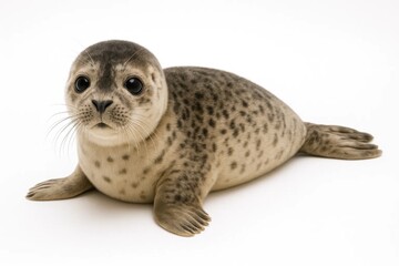 A young seallet gazes with curiosity and innocence against a stark white background