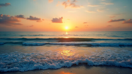 A wide view of the ocean with gentle waves at golden hour, sun setting on the horizon, warm colors in the sky