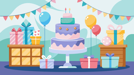 A birthday party with a cake and balloons. The cake is purple and has candles on it. There are many presents and balloons scattered around the room. Scene is festive and celebratory