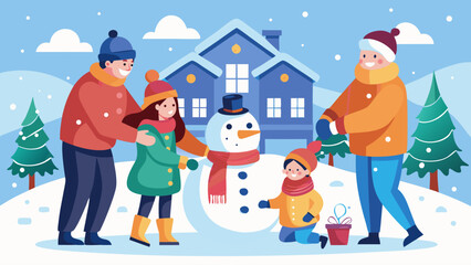 A family is outside in the snow, with a child building a snowman. The man is holding a carrot, and the woman is holding a scarf. The scene is cheerful and playful