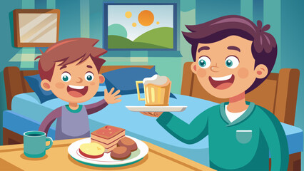A man is feeding a child breakfast. The man is holding a cup and the child is holding a plate. The scene is happy and warm