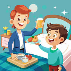 A man is feeding a child breakfast. The man is holding a cup and the child is holding a plate. The scene is happy and warm