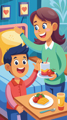 A man is feeding a child breakfast. The man is holding a cup and the child is holding a plate. The scene is happy and warm
