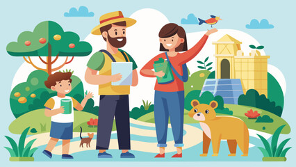 A family of four is posing for a picture in a forest. The man is holding a tablet and the woman is holding a cell phone. The children are wearing hats and smiling. The scene is lively and fun