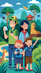 A family of four is posing for a picture in a forest. The man is holding a tablet and the woman is holding a cell phone. The children are wearing hats and smiling. The scene is lively and fun