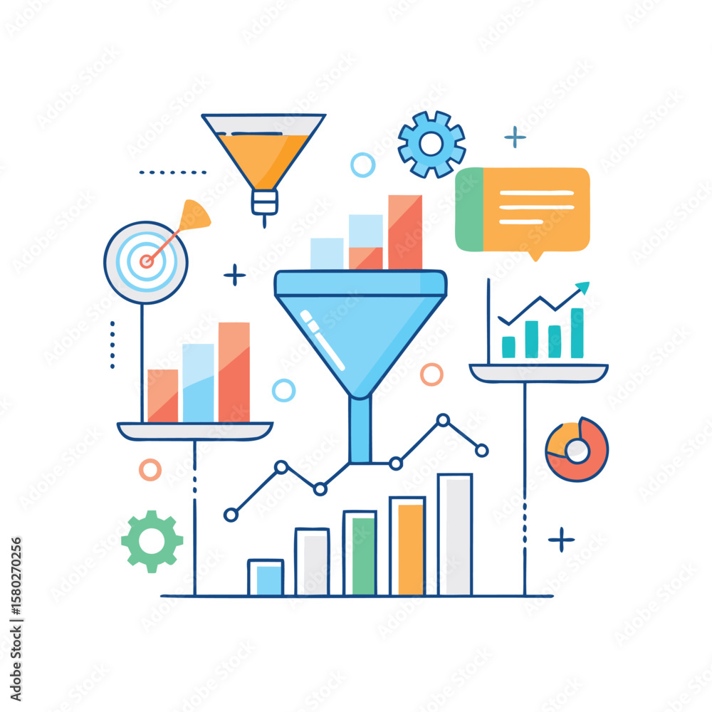 Poster business analytics concept with charts funnel target and gears illustrating data processing and grow