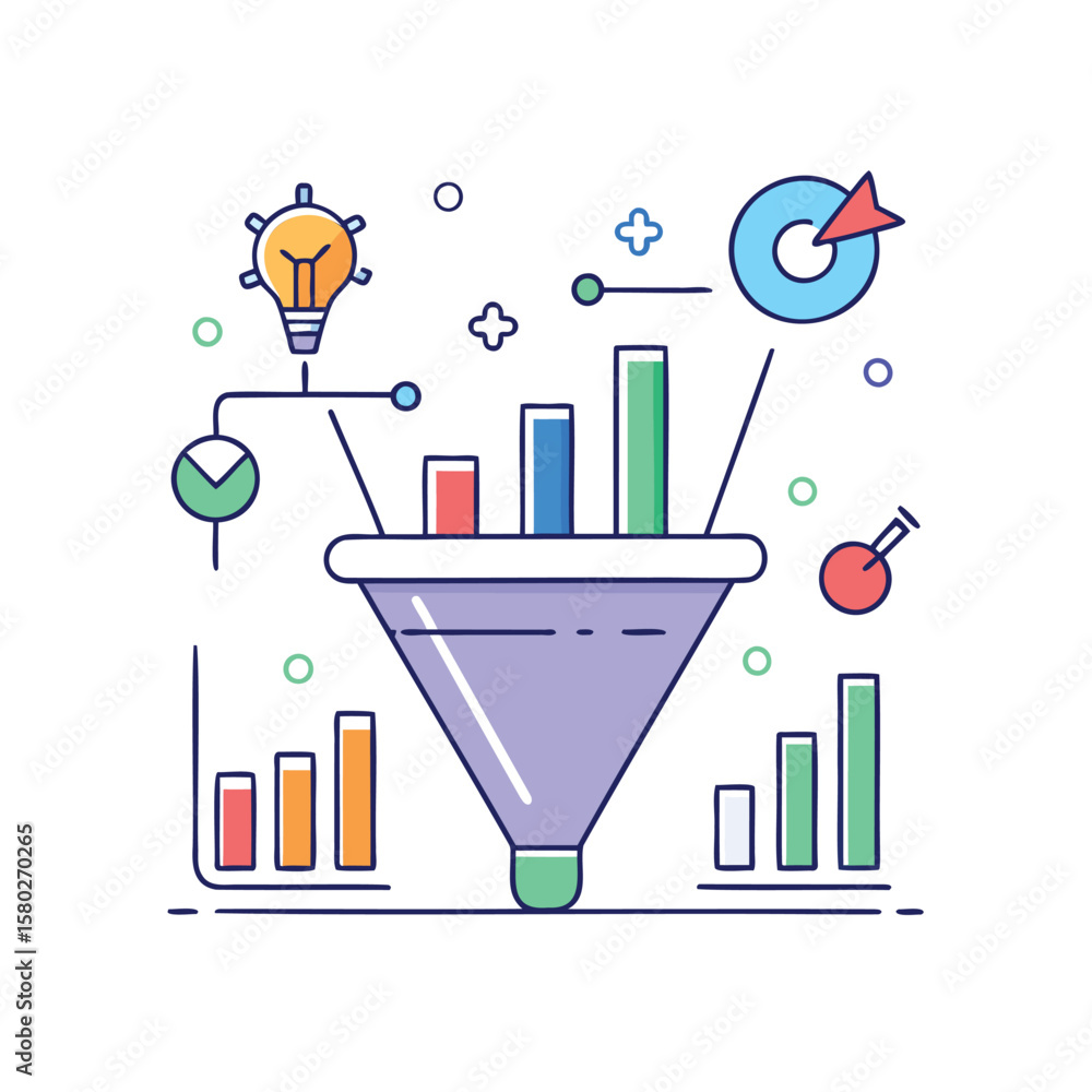Poster conceptual diagram illustrating business growth analysis and data funnel optimization strategies