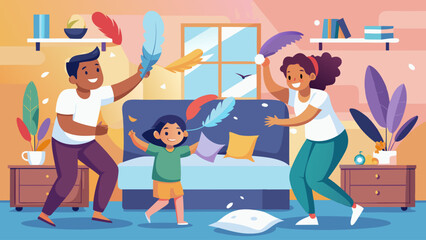A family is playing with feathers in a bedroom. The man is holding a feather and the woman is holding a feather as well. Scene is playful and fun
