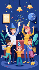A family is celebrating a birthday party in their living room. The man is holding a glass of champagne and the woman is holding a cake. There are balloons and a potted plant in the room