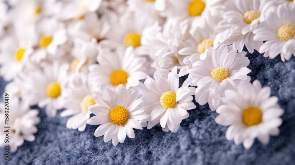 Poster daisies scattered on a soft textile backdrop create a serene atmosphere