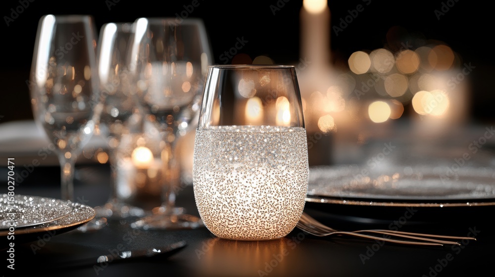 Poster elegant table setting with sparkling glassware for a special evening event