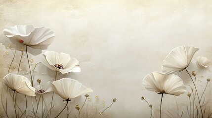 Elegant Vintage White Flowers on Neutral Abstract Background, Perfect for Modern Interior Decor
