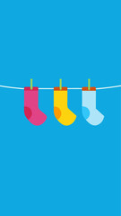 Three pairs of socks hanging on a line. The socks are of different colors and sizes. The image has a bright and cheerful mood, with the colors of the socks