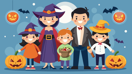 A family of four is posing for a Halloween photo, with a man in a purple dress and a woman in a green dress. The children are holding pumpkins and a basket. Scene is festive and fun