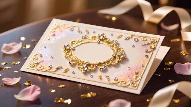 Elegant Gold and Pearl Embellished Wedding Invitation Card