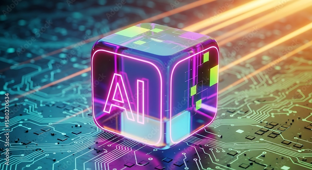 Poster artificial intelligence cube on circuit board modern technology