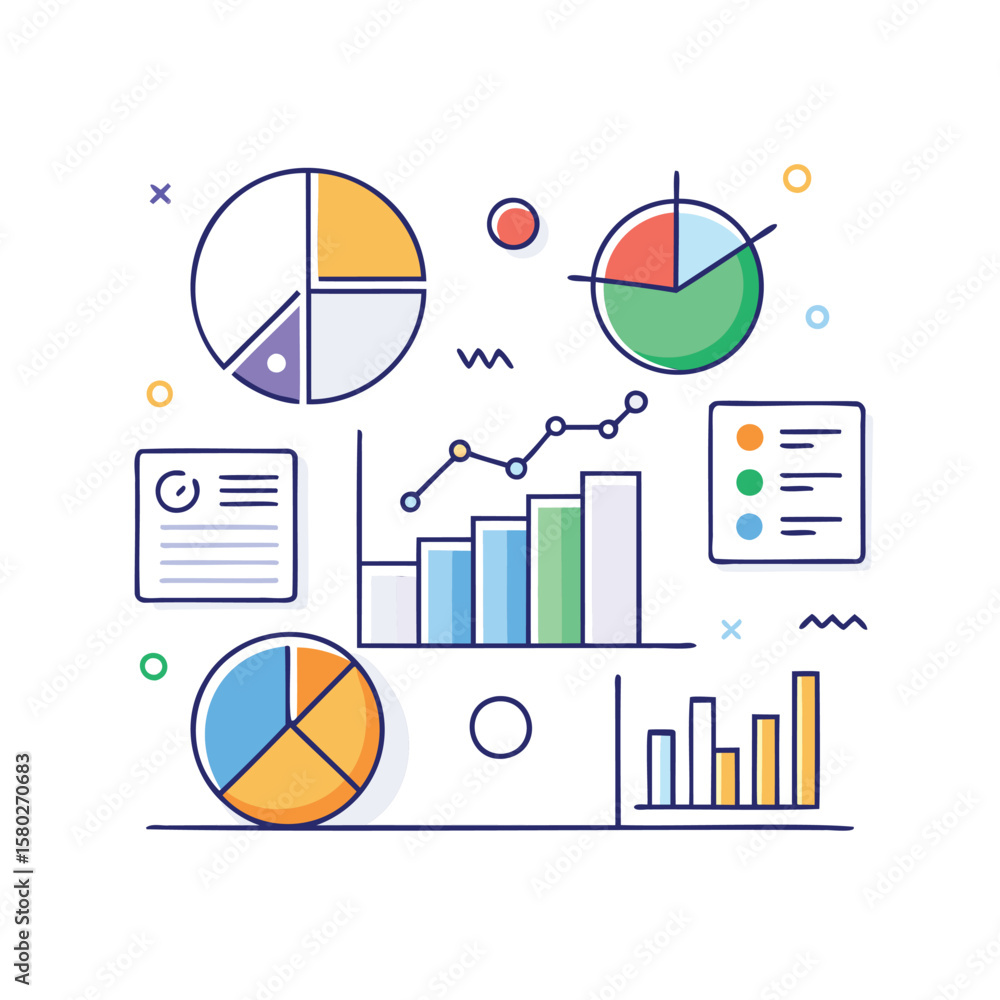 Poster modern flat design illustration of financial charts and graphs with data analysis elements on white 