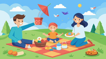 A family is having a picnic in a park. The man is holding a kite, and the woman is holding a basket of food. The children are sitting on the ground, and there are several birds in the sky