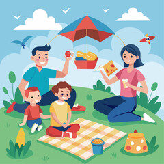 A family is having a picnic in a park. The man is holding a kite, and the woman is holding a basket of food. The children are sitting on the ground, and there are several birds in the sky