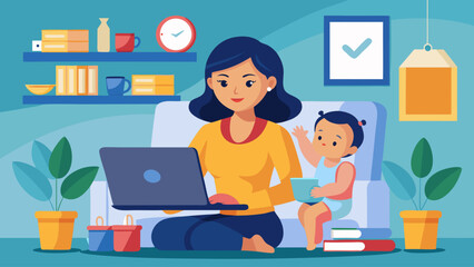 A woman is sitting on the floor with a laptop in front of her. A baby is sitting on her lap. The woman is working on her laptop while the baby is playing with a book