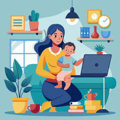 A woman is sitting on the floor with a laptop in front of her. A baby is sitting on her lap. The woman is working on her laptop while the baby is playing with a book