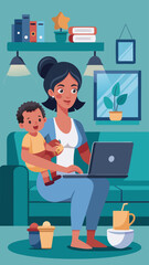 A woman is sitting on the floor with a laptop in front of her. A baby is sitting on her lap. The woman is working on her laptop while the baby is playing with a book