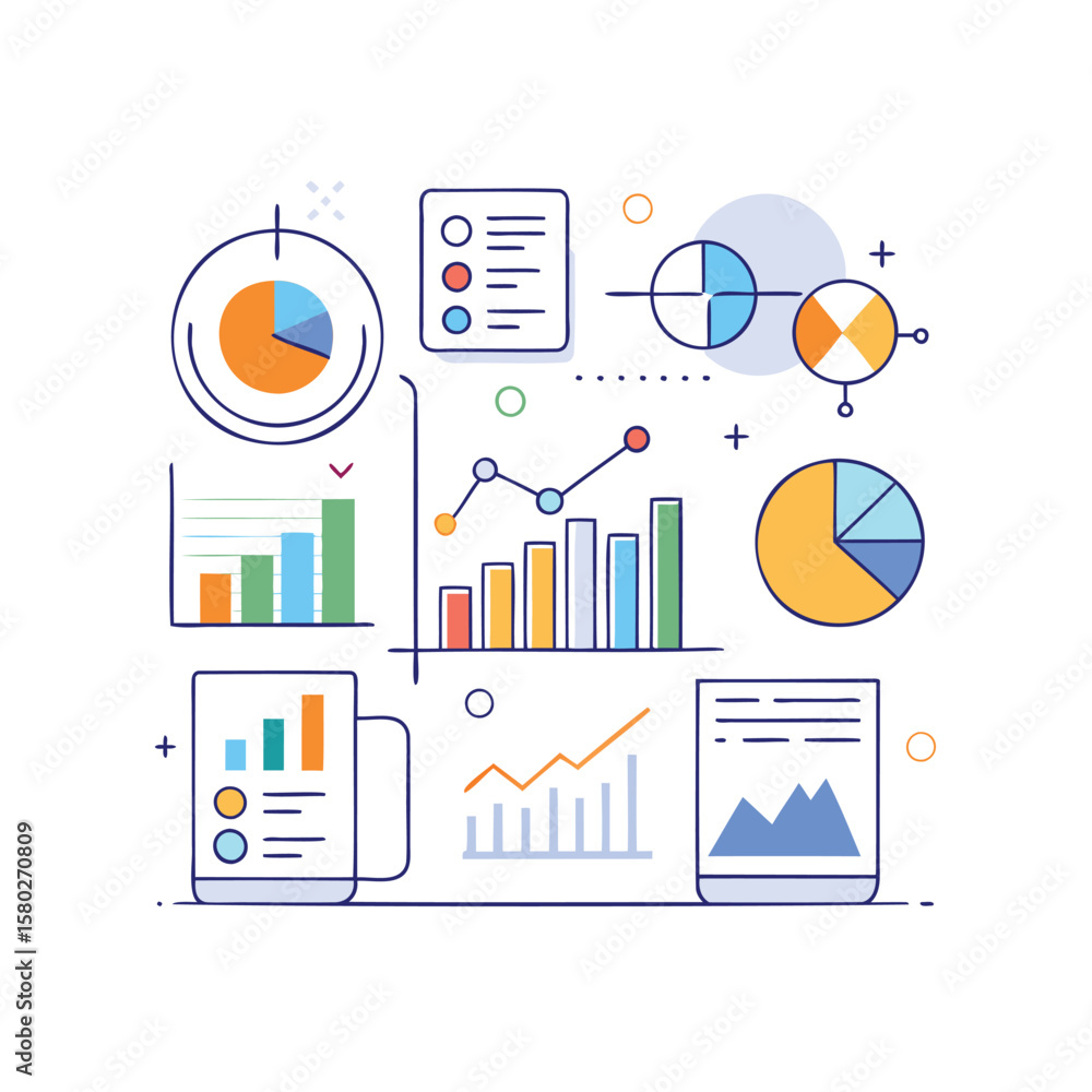 Poster collection of colorful flat charts and graphs representing data analysis and financial growth