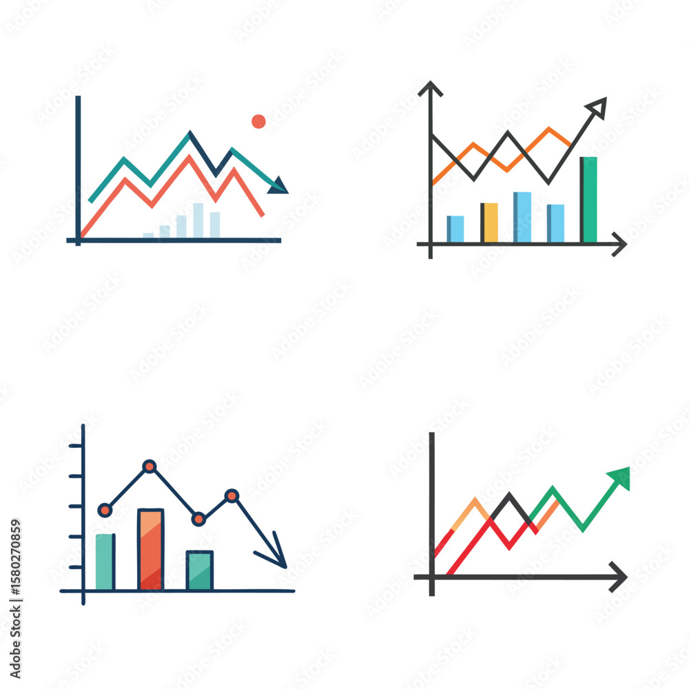 Poster collection of four colorful business growth and decline charts with arrows and data points