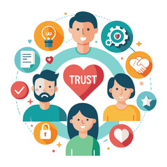 A group of people are smiling and holding hands around a heart with the word trust written in the middle. Concept of unity and support among the people