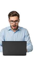 Shocked Man Using Laptop with Transparent Background Business Theme