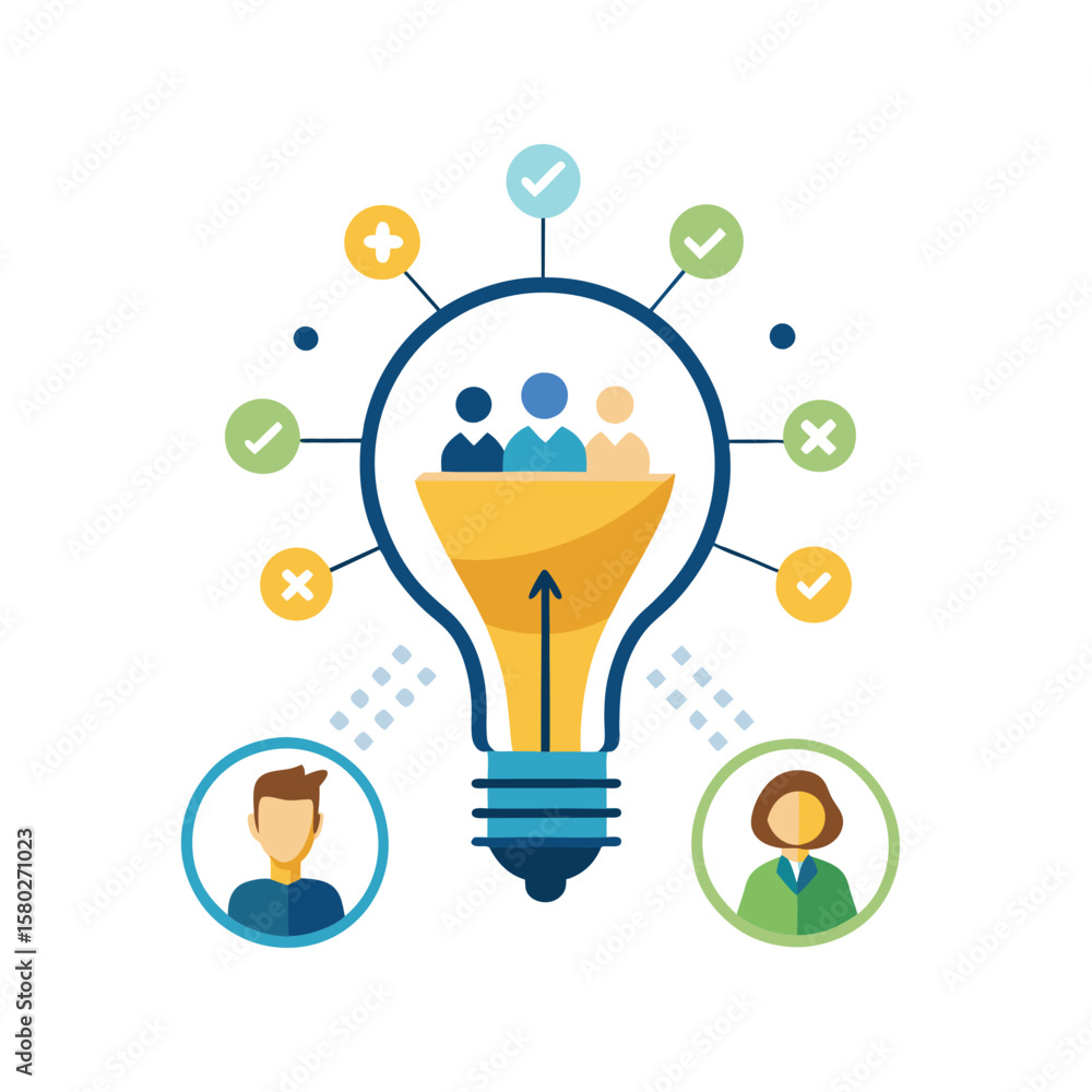 Poster teamwork and idea generation process with positive and negative feedback symbols