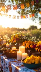 Outdoor altar with colorful flowers, candles, and food, bathed in golden sunlight