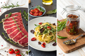 Triptych of gourmet food raw beef slices pasta dish and preserved ingredients