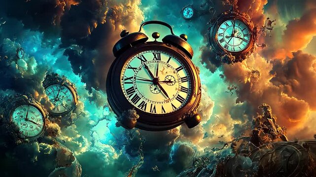 Surreal clocks adrift in a stormy sky