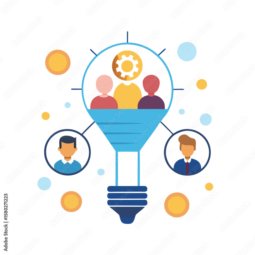 Poster teamwork and collaboration powering a bright idea within a lightbulb concept