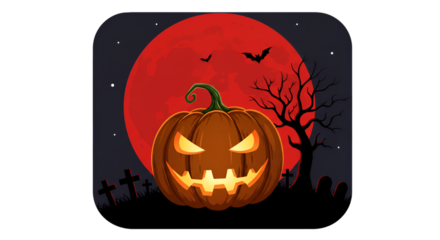 Pixel Illustration of Spooky Halloween Pumpkin with Bats and Full Moon