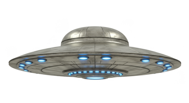 Silver Metal UFO Flying Saucer with Blue Lights Sci-Fi Spaceship PNG