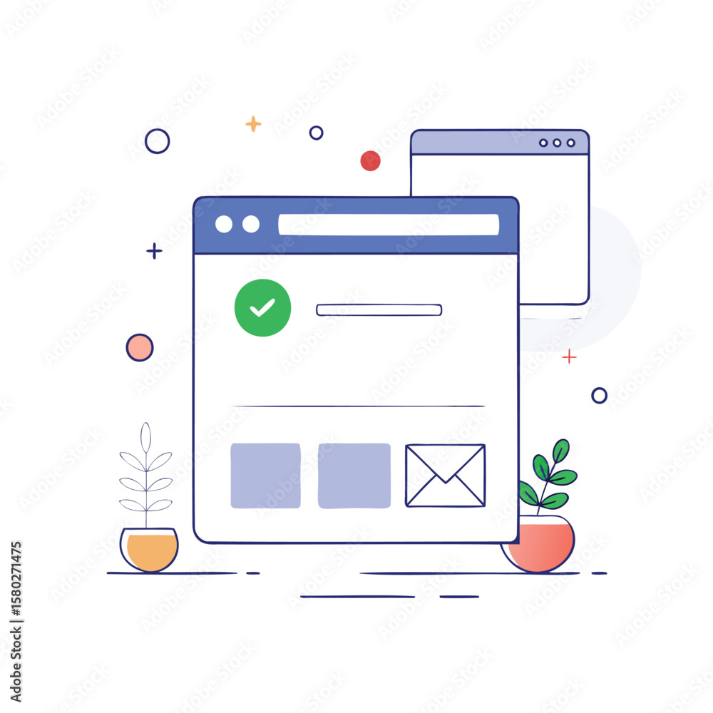 Poster modern flat design illustration of a web browser window with a checkmark and email icon