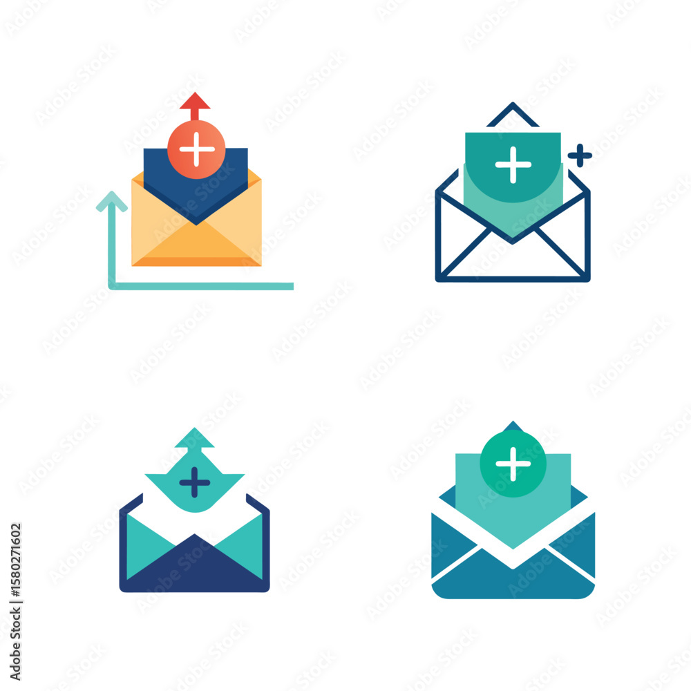 Poster set of flat design icons representing email communication and growth concepts