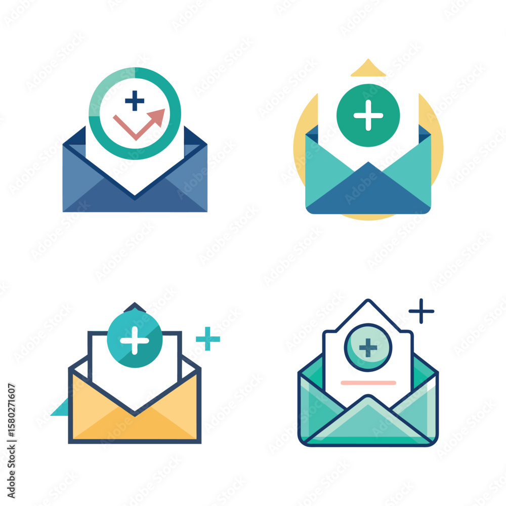 Aufkleber four stylized icons representing email communication and adding new messages or contacts