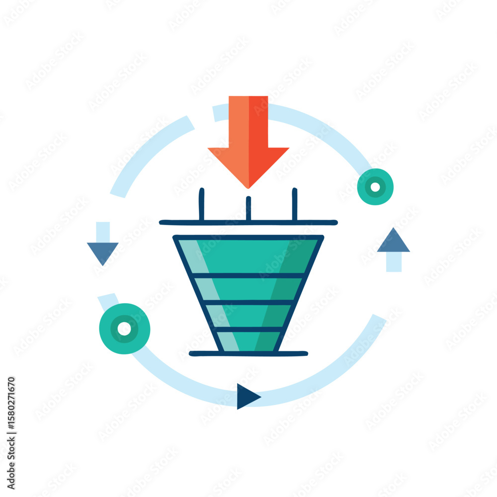 Poster conceptual illustration of a sales or process funnel with an incoming arrow and circular flow