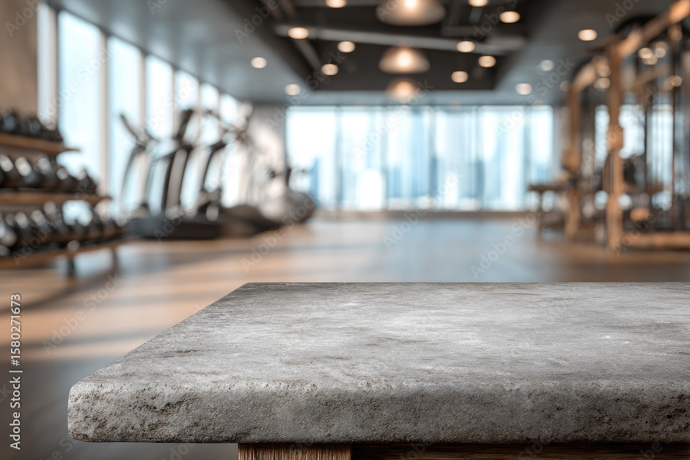 Poster empty stone table top on exercise room background