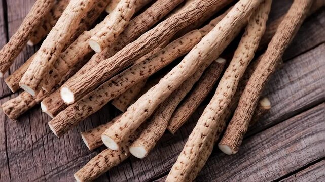 Rustic Burdock Roots Pile on Weathered Wood Surface Stock Video, Nature's Harvest