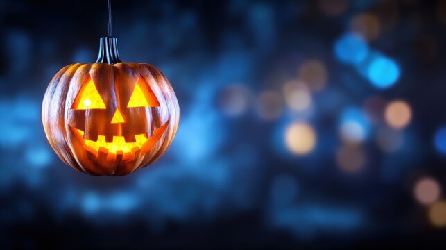 Brightly lit Halloween pumpkin decoration against dark background