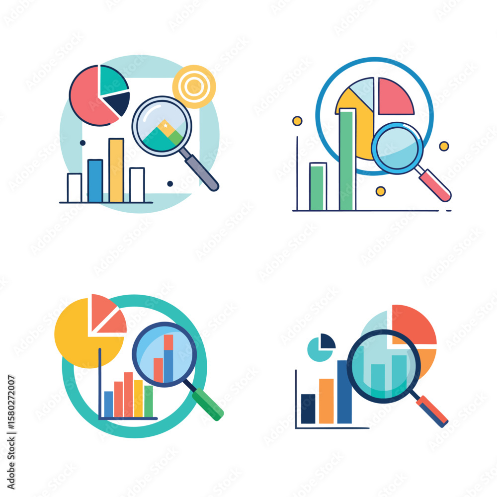 Poster set of four flat design icons representing data analysis and financial charts with magnifying glass