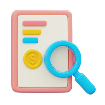 Magnifying glass over document with coin and colorful bars
