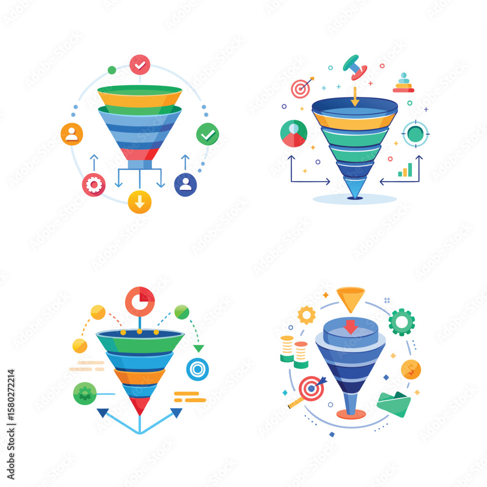 Poster four colorful funnel diagrams illustrating business process flow and data progression with arrows an